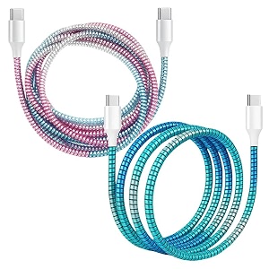 spiral cable protector  charger wire protector for type-c iphone earphones amp usb  flexible full length wire saver spring guard  charging cable amp data cable protector rainbow pink-blue