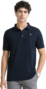 estuna Solid Men Polo Neck Navy Blue