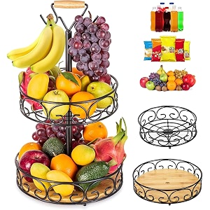 etechmart fruit basket vegetables countertop bowl storage with banana hanger detachable bread snacks baskets holder large capacity fruit tray bambooampiron - 2 tier