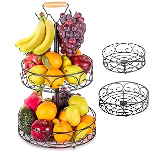 etechmart fruit basket vegetables countertop bowl storage with banana hanger detachable bread snacks baskets holder large capacity fruit tray iron - 2 tier