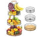 ETECHMART Fruit Basket, Vegetables Countertop Bowl Storage With Banana Hanger, Detachable Bread, Snacks Baskets Holder Large Capacity Fruit Tray (Bamboo&Iron - 3 Tier)