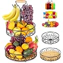 ETECHMART Fruit Basket, Vegetables Countertop Bowl Storage With Banana Hanger, Detachable Bread, Snacks Baskets Holder Large Capacity Fruit Tray (Bamboo&amp;Iron - 2 Tier)