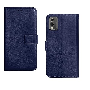 nokia c32 flip case  premium leather finish flip cover  with card pockets  wallet stand complete protection flip cover for nokia c32 - blue