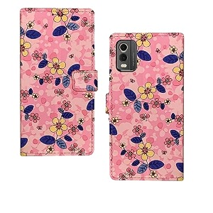 nokia c32 flip case  premium leather finish flip cover designer printed flip cover for nokia c32 - pink flowers