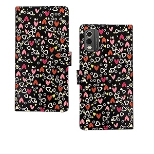 nokia c32 flip case  premium leather finish flip cover designer printed flip cover for nokia c32 - black hearts