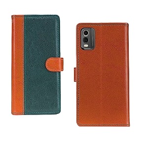 nokia c32 flip case  premium leather finish flip cover  with card pockets  wallet stand complete protection flip cover for nokia c32 - camel and green
