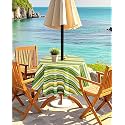 Eternal Beauty 52'' Round Tablecloth Waterproof Outdoor Tablecloth with Umbrella Hole Zipper for Spring Summer Patio Picnic Tables, Green Stripe