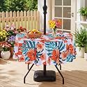 Eternal Beauty 60" Round Tablecloth Waterproof Outdoor Tablecloth with Umbrella Hole Zipper for Spring Summer Patio Picnic Tables (Orange Flower)