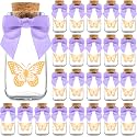 Ethisa Small 24 Pack Butterfly Party Favor Glass Bottles with Ribbons and Stickers - Vintage Baby Shower and Birthday Favors for Guests and Table Centerpieces Decorations - Purple Theme Candy Jar