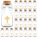 Ethisa Vintage 24 Pack Baptism Glass Bottles with Ribbons and Stickers - Classy God Bless Party Favors for Baptism and 1st Communion - Bautizo Table Centerpiece Decoration - Baby Christening Candy Jar