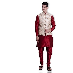 ethluxis men39s silk blend maroon kurta churidar pyjama with stylish bundi nehru jacket waistcoat
