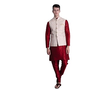 ethluxis men39s silk blend maroon kurta churidar pyjama with stylish bundi nehru jacket waistcoat
