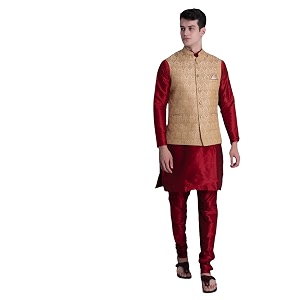 ethluxis men39s silk blend maroon kurta churidar pyjama with stylish bundi nehru jacket waistcoat