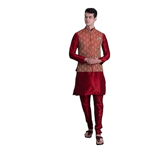 ethluxis men39s silk blend maroon kurta churidar pyjama with stylish bundi nehru jacket waistcoat