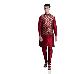 ethluxis men39s silk blend maroon kurta churidar pyjama with stylish bundi nehru jacket waistcoat