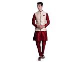 Ethluxis Men's Silk Blend Maroon Kurta Churidar Pyjama with Stylish Bundi Nehru Jacket Waistcoat