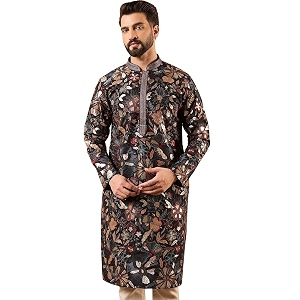 Mens Black Silk Blended Solid Embroidered Long