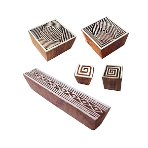 ethnic shapes spiral and geometric wooden stamps for printing set of 5