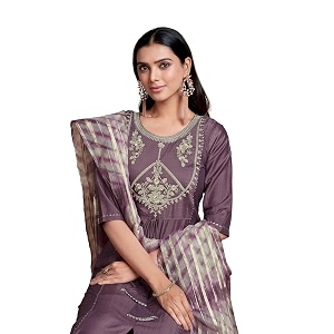 EthnicJunction Womens Chinon Embroidered Straight Front Slit