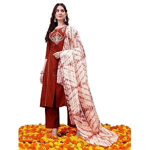 EthnicJunction Womens Chinon Embroidered Straight Front Slit