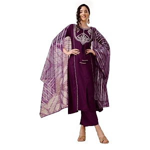 EthnicJunction Womens Chinon Embroidered Straight Front Slit