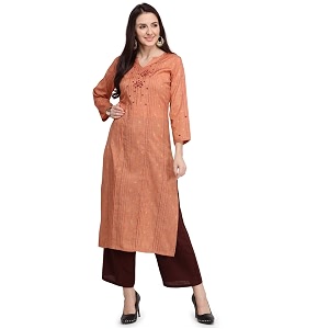 EthnicJunction Womens Cotton Blend Thread Embroidered Straight