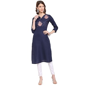 EthnicJunction Womens Cotton Blend Floral Embroidered Straight