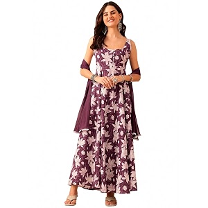 Floral Anarkali Sleeveless Kurta with Dupatta Maroon