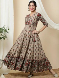 ethrivaa floral print printed cotton rayon stitched flareda-line gown multicolor