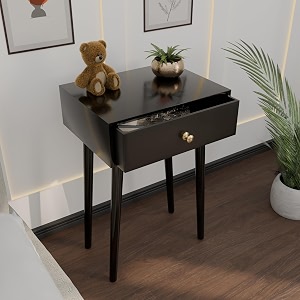 etiquette art modern bedside table with solid wood legs minimalist and practical end side table with drawer storage easy assembly black