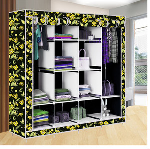 etoly 12 shelf foldable collapsible wardrobe storage organizer almirah cloth rack pc collapsible wardrobe finish color - daisy floral black -26 diydo-it-yourself