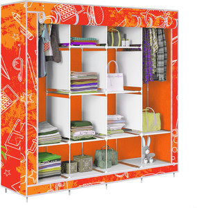 etoly 12 shelf foldable collapsible wardrobe storage organizer almirah cloth rack pc collapsible wardrobe finish color - school pattern orange -29 diydo-it-yourself