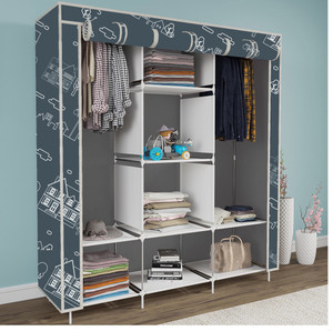 etoly 8 shelf foldable collapsible wardrobe storage organizer almirah cloth rack pc collapsible wardrobe finish color - house cartoon grey 12 diydo-it-yourself