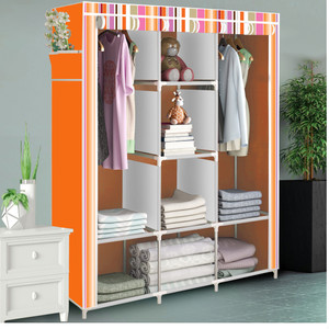 etoly 8 shelf foldable collapsible wardrobe storage organizer almirah cloth rack pc collapsible wardrobe finish color - orange strips 8 diydo-it-yourself