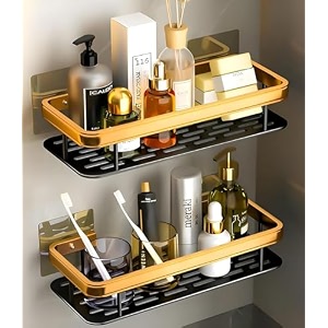 eudele aluminium pack of 2 self adhesive bathroom shelf for wall shelf organizer wall mounted bathroom shelves rack holder stand for bathroom accessories organiser without drill gold long