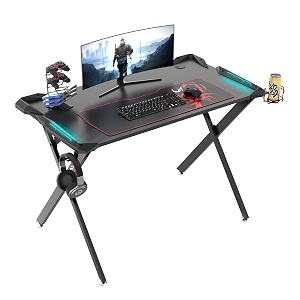 eureka ergonomic x1-s gaming computer desk 44534 gamer desk pc table gaming desks with led lights large carbon fiber surface cup holder headphone hook for men boyfriend female gift