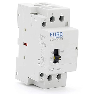 eurocontrols din type 32 amps 2 pole modular power contactor 220 volt ac with manual override - low switching noise - 2 pole mcb size