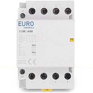 eurocontrols euro modular power contactor ecmc series - volts 230 ac - copper coil heavy duty - low switching noise - din mounting compact size - fits in mcb distribution box 40a 4no 4pole 230v