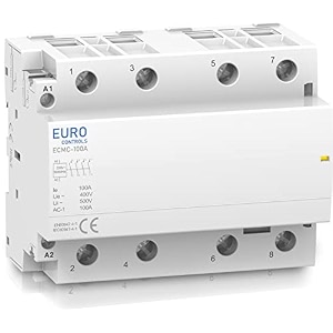 eurocontrols euro modular power contactor ecmc series - volts 230 ac - copper coil heavy duty - low switching noise - din mounting compact size - fits in mcb distribution box 100a 4no 4pole 230v