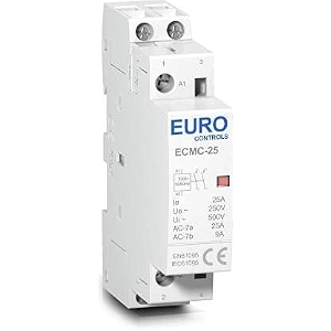 eurocontrols euro modular power contactor ecmc series - volts 230 ac - copper coil heavy duty - low switching noise - din mounting compact size - fits in mcb distribution box 25a 4no 4pole 230v