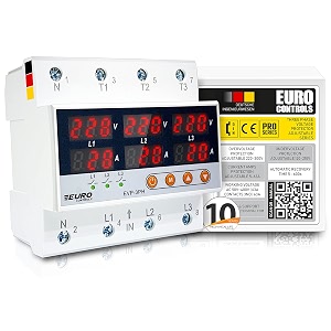eurocontrols evp3ph - 3 phase voltage protector - 63a - adjustable overunder voltageover currentvoltage asymmetryphase sequence amp failure protector - auto recovery switch - voltage amp amp meter