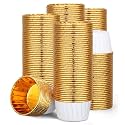 EUSOAR Cupcake Cups, 200pcs 3.5oz Mini Cheesecakes Holders Disposable Ramekins, Muffin Cupcake Liners Aluminum Foil Wrappers Paper Liner Cups for Birthday Wedding Party Festival-White/Gold