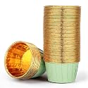 EUSOAR Cupcake Cups, 50pcs 3.5oz Muffin Cupcake Liners Disposable Ramekins, Aluminum Foil Wrappers Paper Dessert Containers Mini Cheesecakes Holders for Birthday Wedding Party-Light Green/Gold
