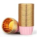 EUSOAR Cupcake Liners, 50pcs 3.5oz Aluminum Foil Wrappers Muffin Cupcake Containers, Disposable Dessert Ramekins Paper Baking Cups Mini Cheesecakes Holders for Birthday Wedding Party-Pink/Gold