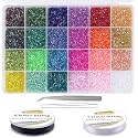 EuTengHao 14400pcs Tube Beads Bugle Glass Seed Beads, Small Craft Spacer Beads for DIY Bracelet Necklaces Crafting Jewelry Making Supplies with Two Crystal String (3mm, 600 Per Color, 24 Colors)