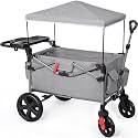 EVER ADVANCED Foldable Wagons for Two Kids &amp; Cargo, Collapsible Folding Stroller with Adjustable Handle Bar,Removable Canopy with 5-Point Harness Gray