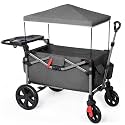 EVER ADVANCED Foldable Wagons for Two Kids &amp; Cargo, Collapsible Folding Wagon Stroller with Adjustable Handle Bar,Removable Canopy with 5-Point Harness,Black