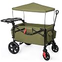 EVER ADVANCED Foldable Wagons for Two Kids &amp; Cargo, Collapsible Folding Wagon Stroller with Adjustable Handle Bar,Removable Canopy with 5-Point Harness,Green