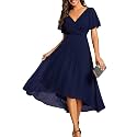 Ever-Pretty Women's Summer Chiffon Formal Wedding Guest Dresses Pleated V-Neck Short Sleeves Cocktail Dress 01923