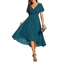 Ever-Pretty Women's Summer Chiffon Formal Wedding Guest Dresses Pleated V-Neck Short Sleeves Cocktail Dress 01923